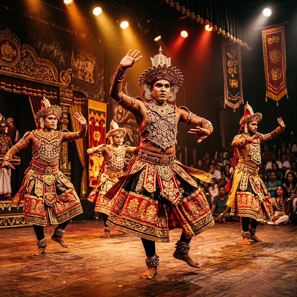 Traditional Kandyan cultural dancers performing in colorful costumes