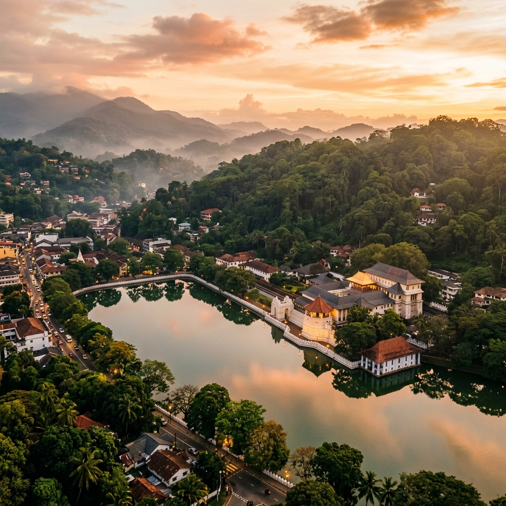 Aerial view of Kandy city, Sri Lanka with Temple of the Tooth and Kandy Lake