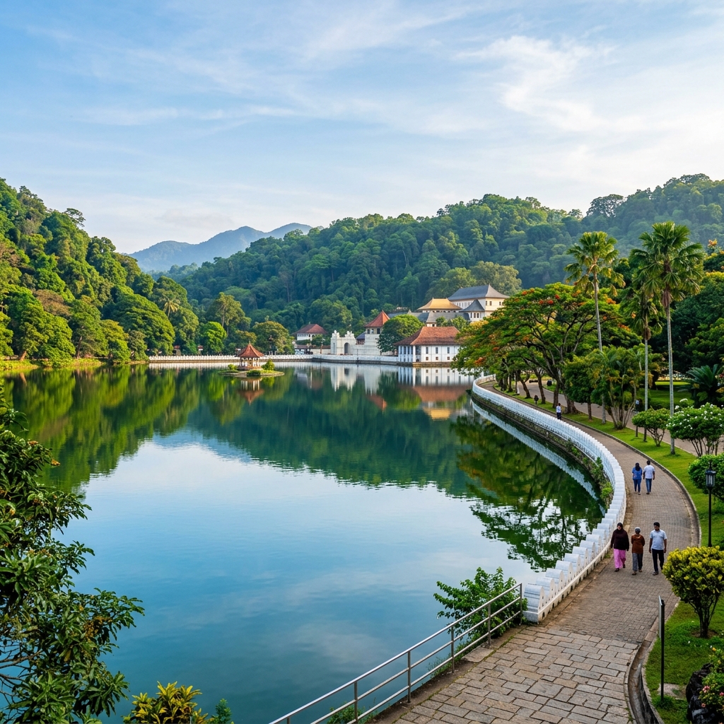 Kandy Lake with calm water and tropical greenery