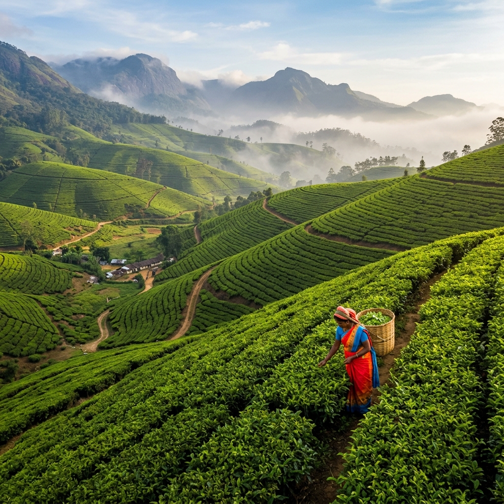 Rolling green tea estate hills near Kandy, Sri Lanka