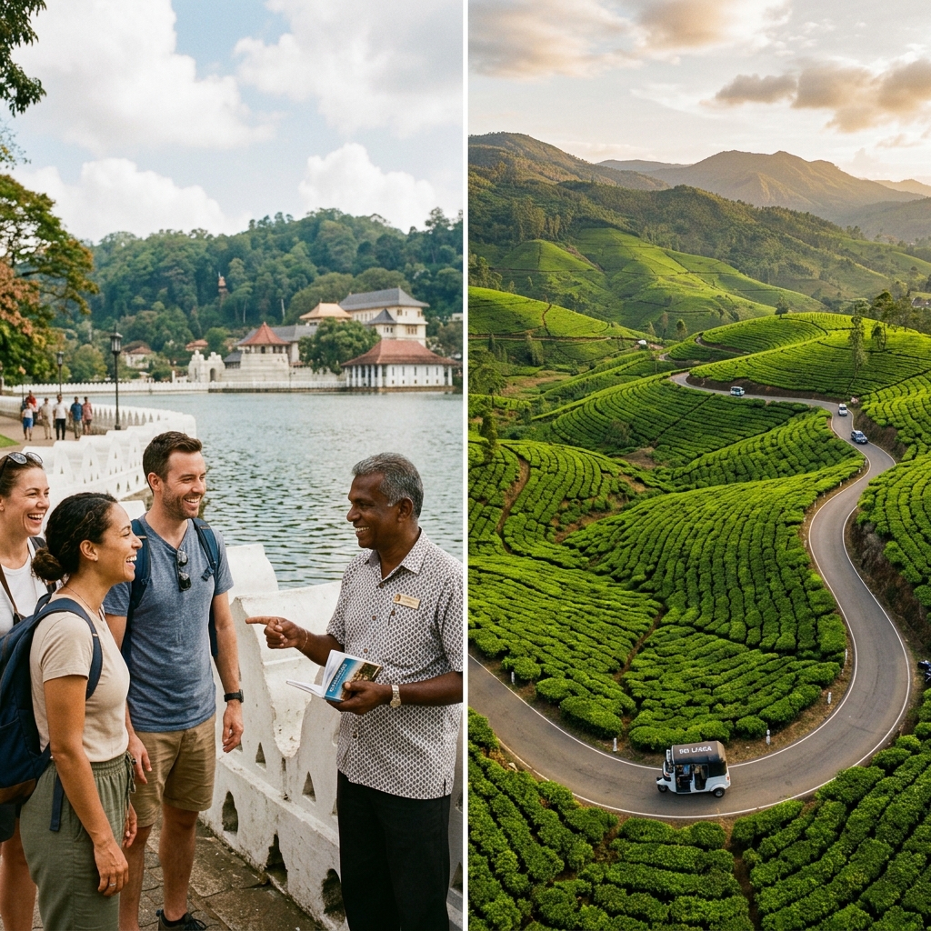 Local guide with tourists at Kandy Lake and scenic hill country views